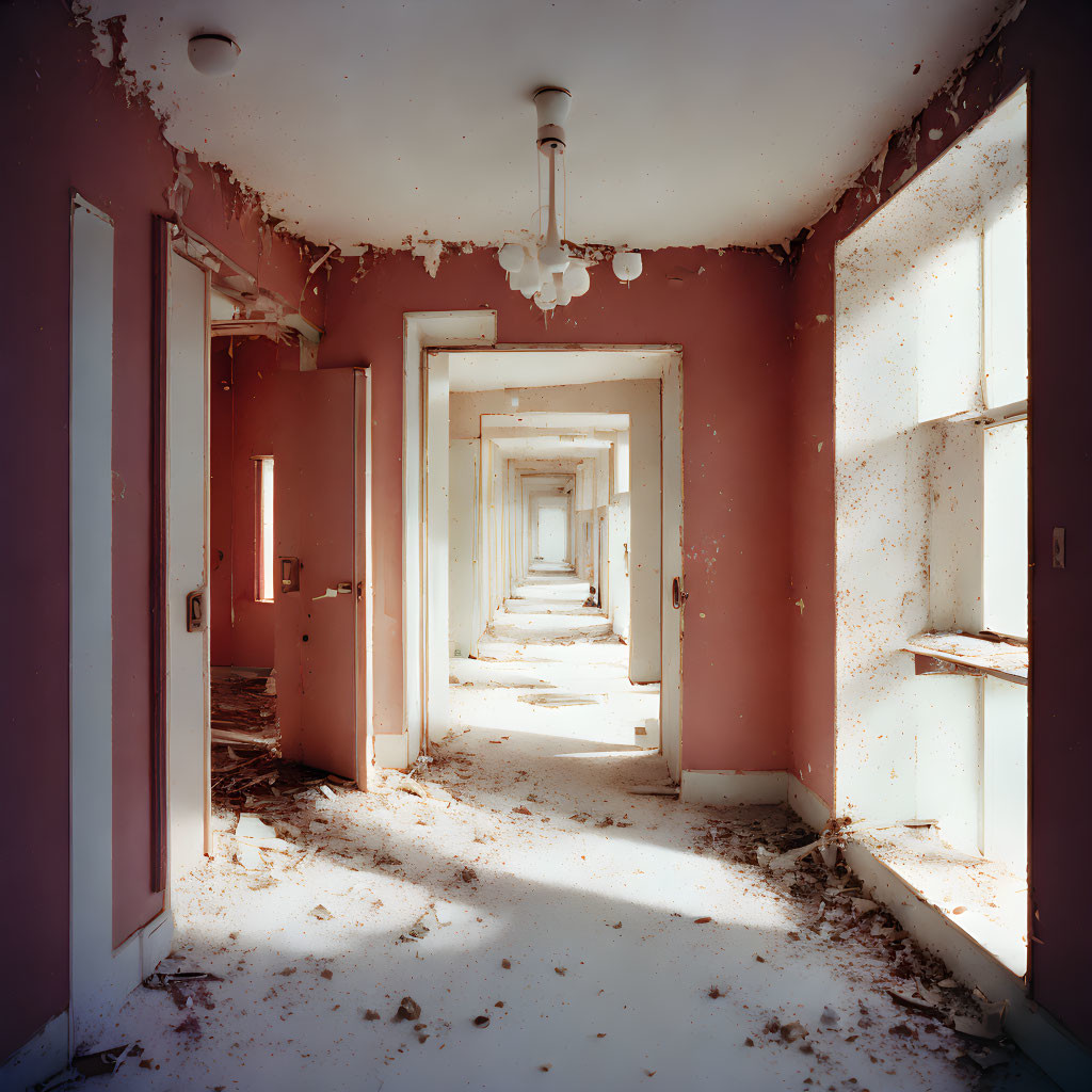 Abandoned hospital corridor with peeling paint and open doors