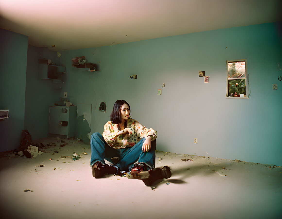 Person sitting in dimly lit room with blue walls and scattered debris.