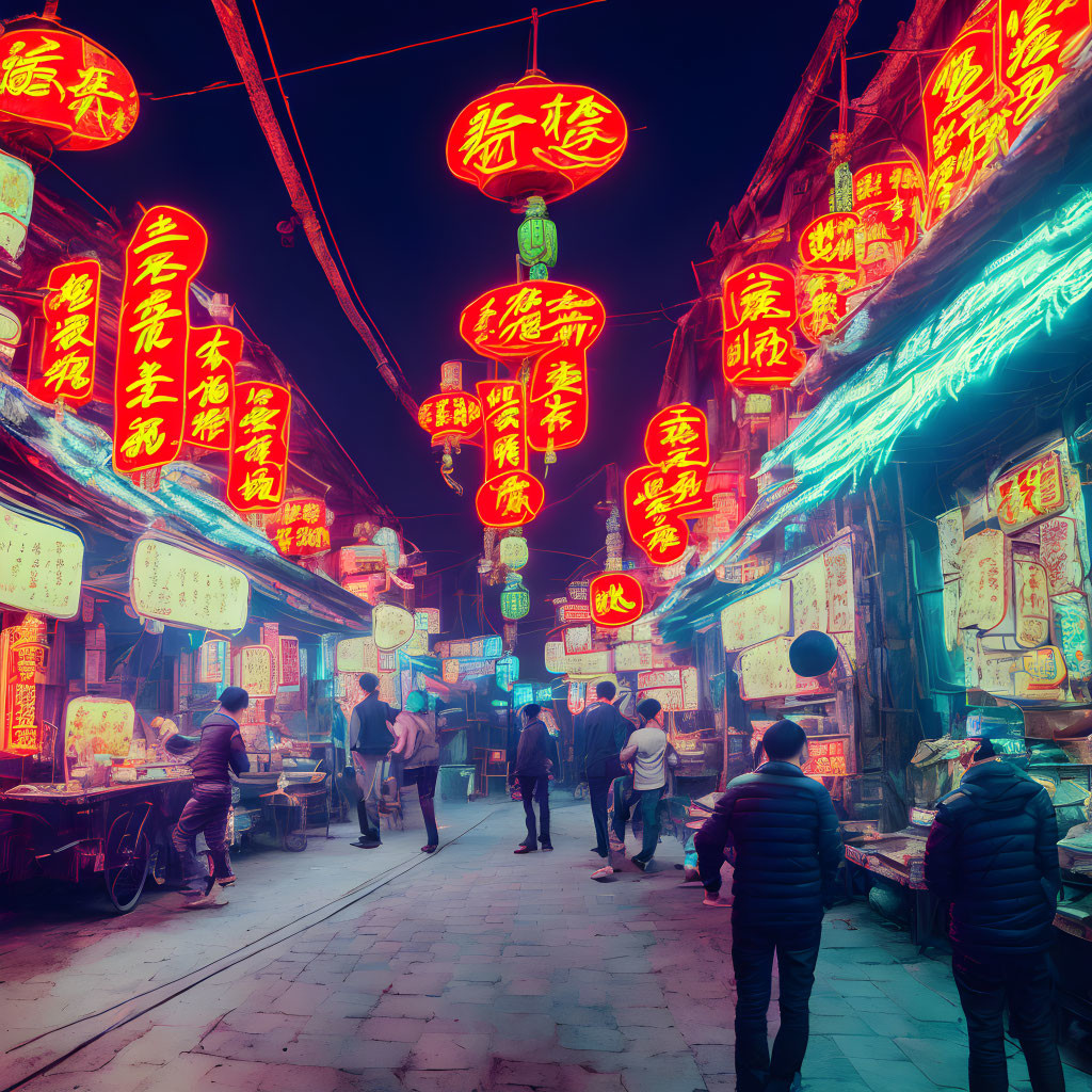 Vibrant night market alley with neon signs and red lanterns