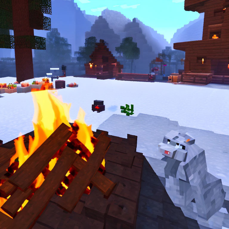 Winter Minecraft scene: wolf by campfire in snowy biome with cabin