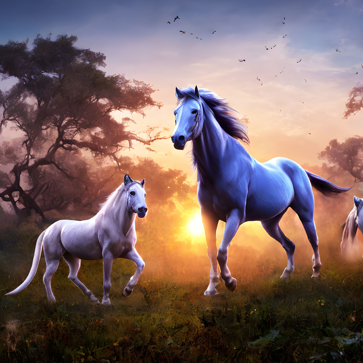 Mystical forest scene: white horses gallop at sunset