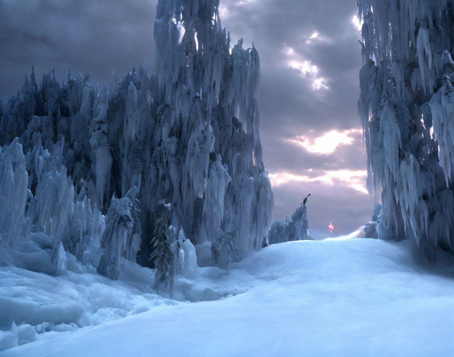 Icy spires in twilight landscape with person holding flare