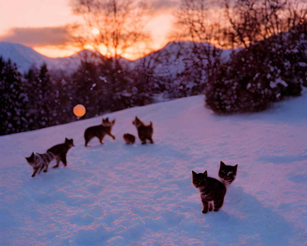 Group of Cats in Snow at Dusk with Colorful Sky and Setting Sun