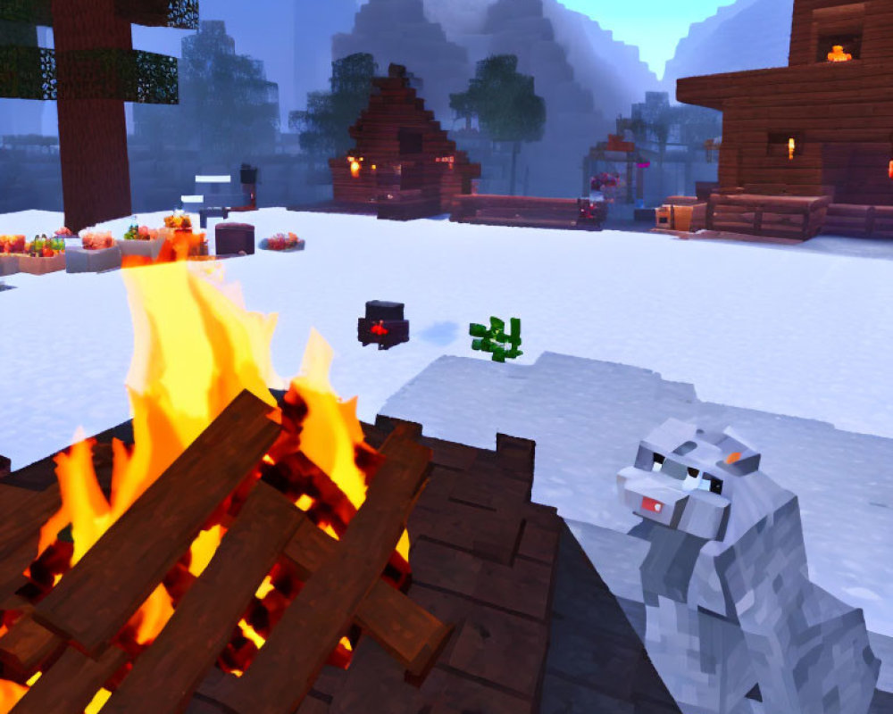 Winter Minecraft scene: wolf by campfire in snowy biome with cabin