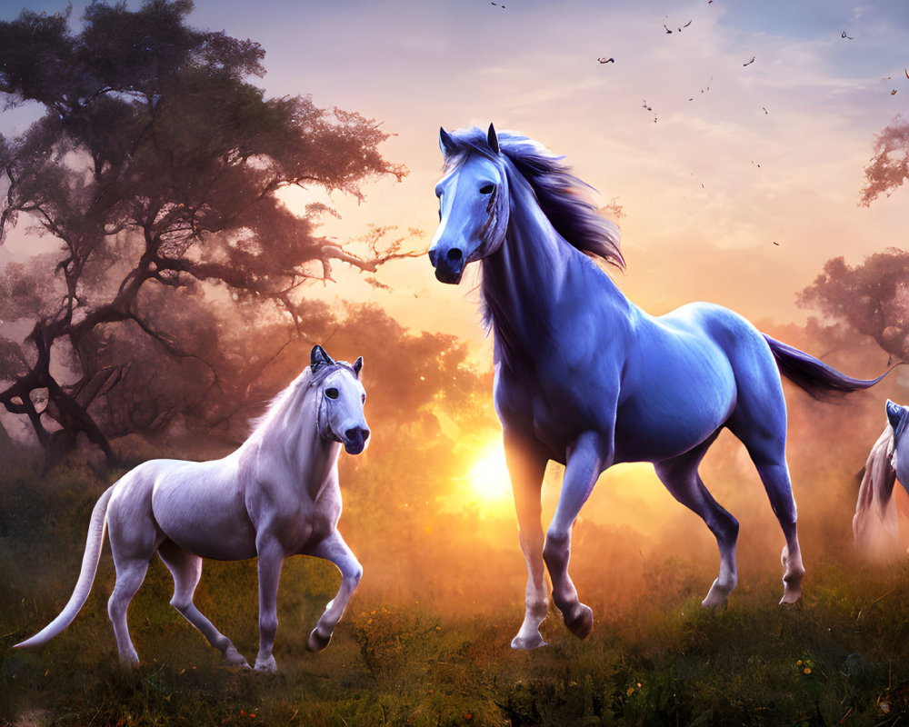 Mystical forest scene: white horses gallop at sunset