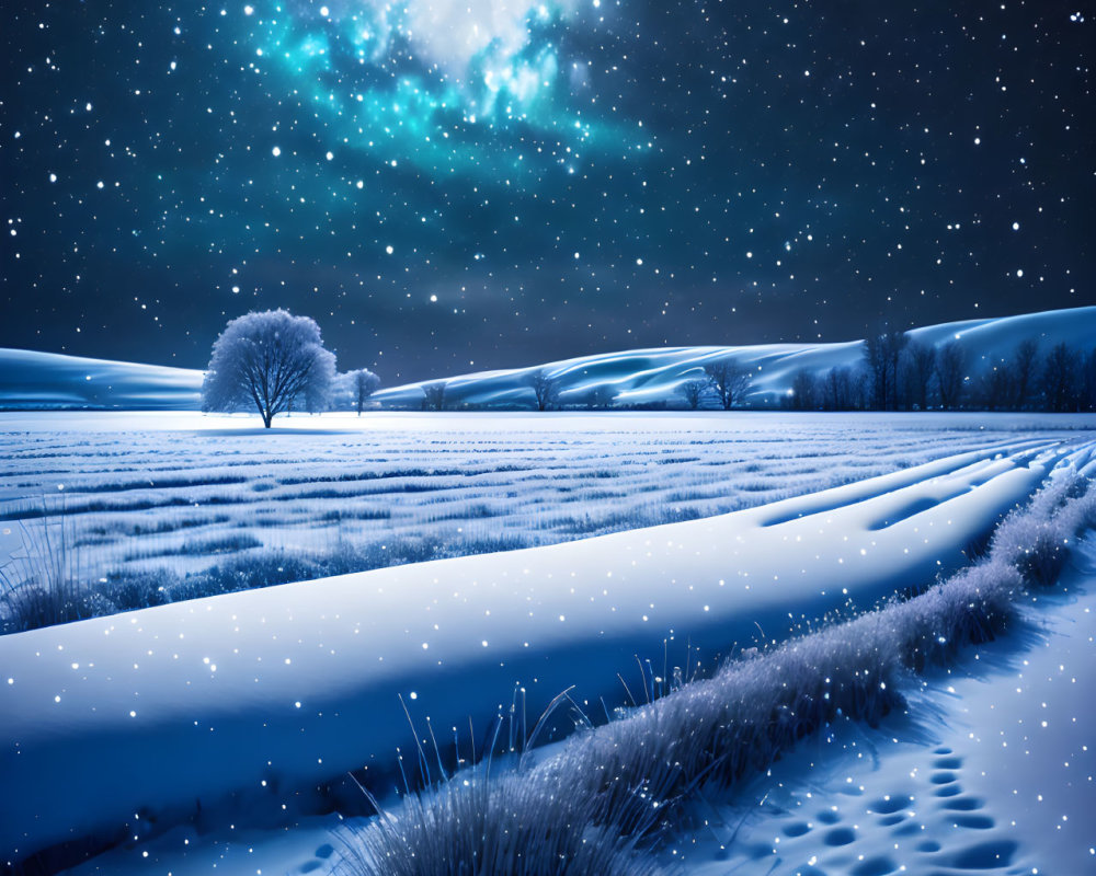 Moonlit snowy landscape with starry sky and luminous nebula above serene hills