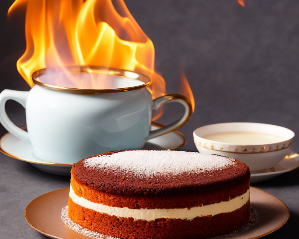 Red velvet cake with cream filling and coffee on a plate