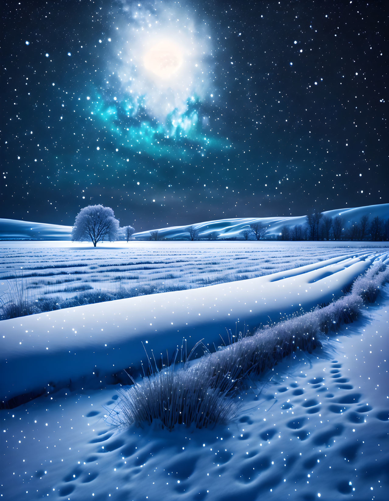 Moonlit snowy landscape with starry sky and luminous nebula above serene hills