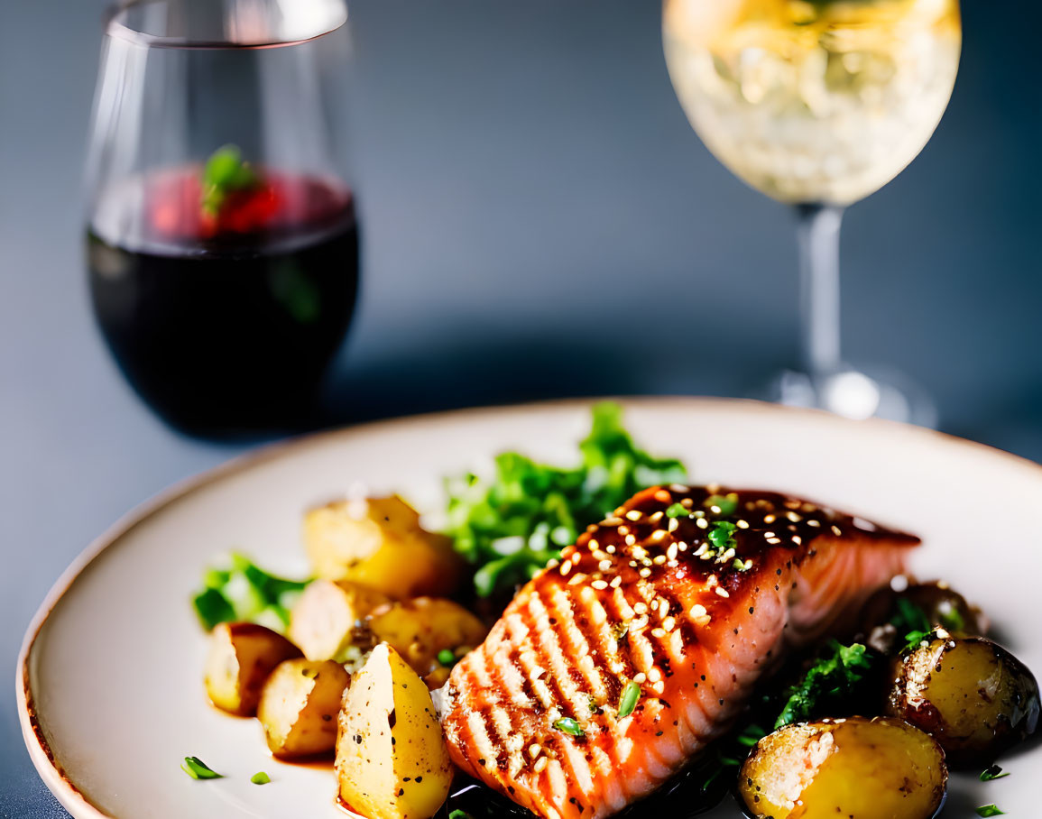 Salmon Fillet with Herbs, Roasted Potatoes, White & Red Wine on Plate