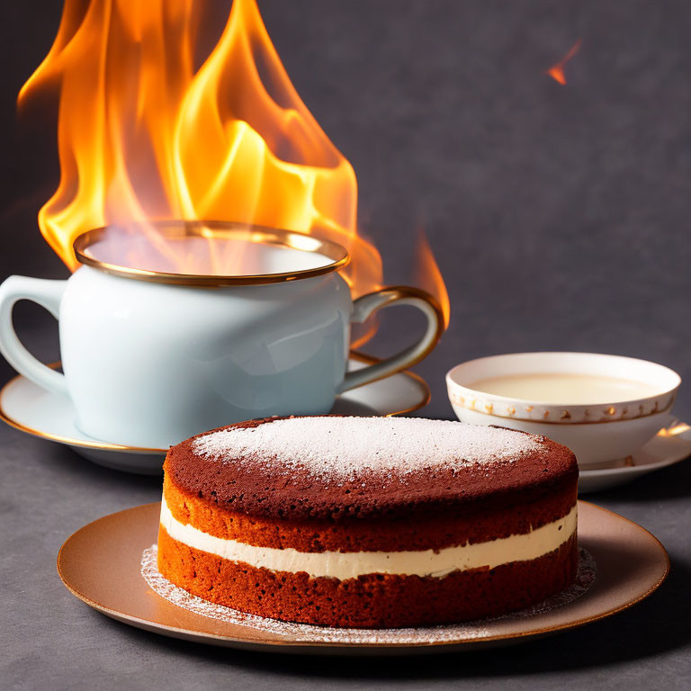 Red velvet cake with cream filling and coffee on a plate