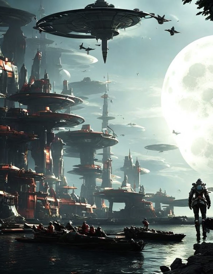 Futuristic cityscape with flying vehicles over water and figure in spacesuit against moon.