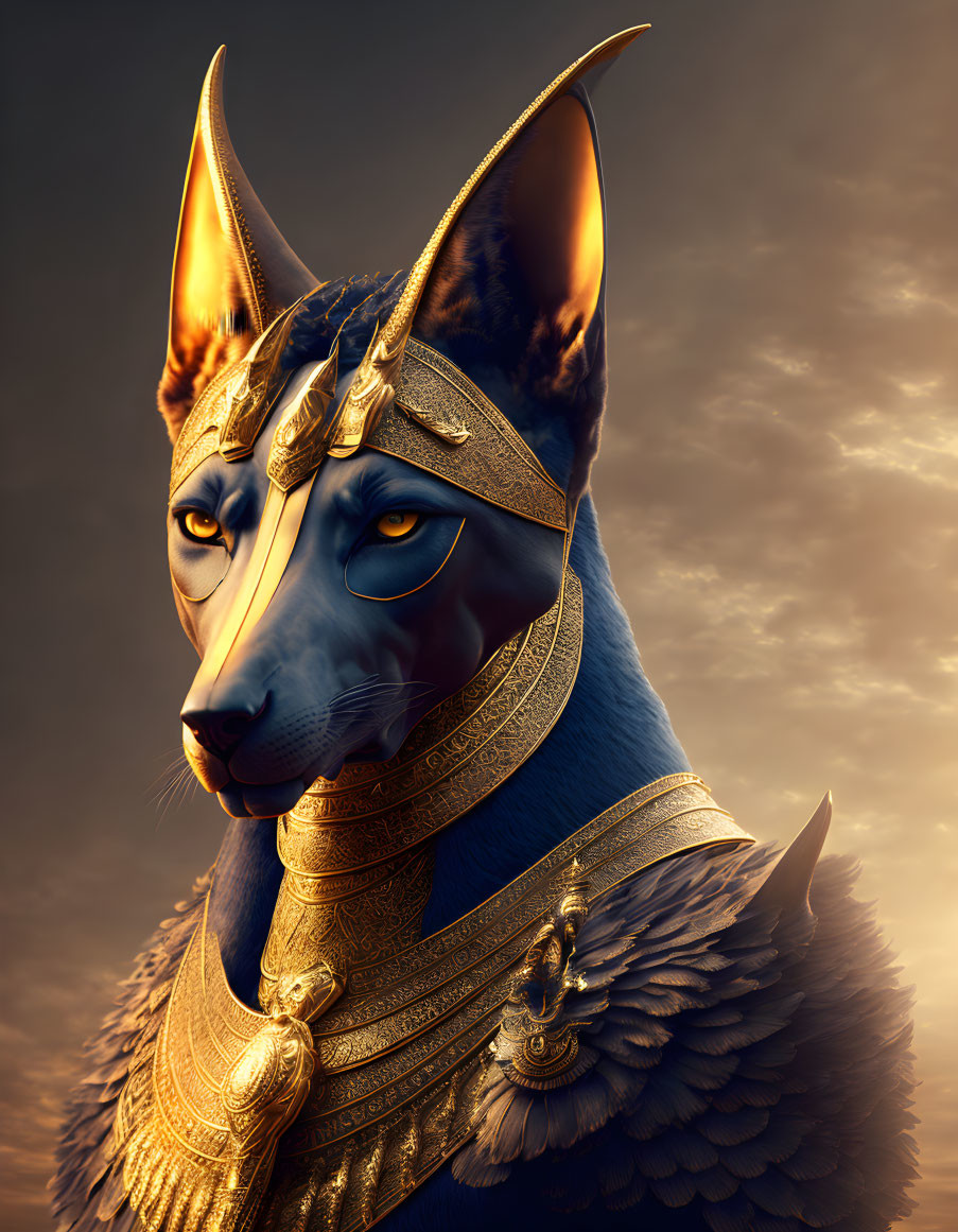 Anthropomorphic Egyptian god with canine head in ornate gold armor