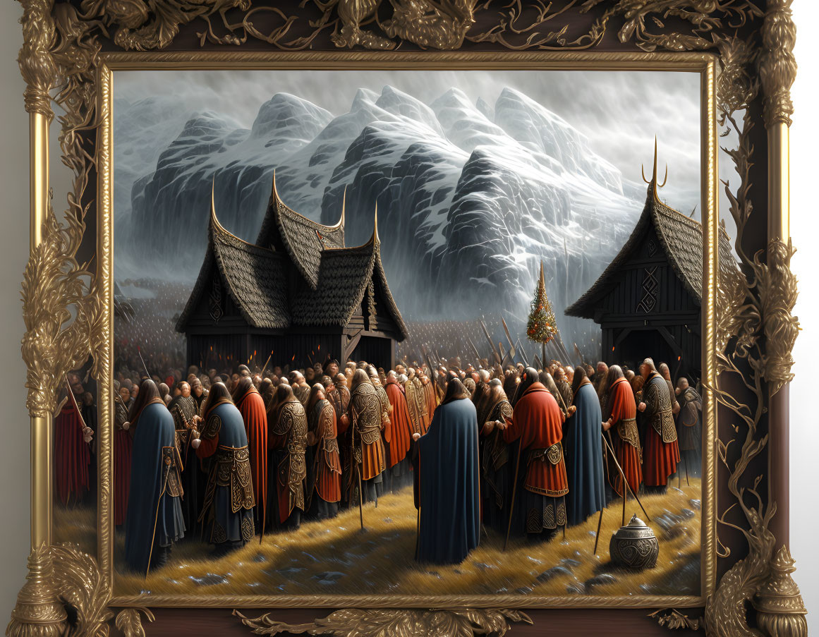 Historical attired group admiring Viking-themed mountain painting