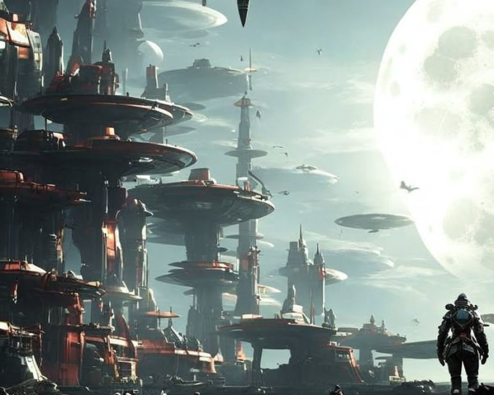 Futuristic cityscape with flying vehicles over water and figure in spacesuit against moon.