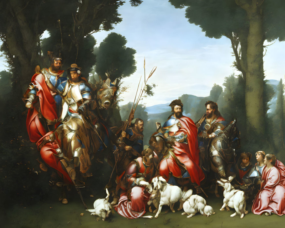 Group of knights in shiny armor with red capes, squires, and dogs in lush forest setting