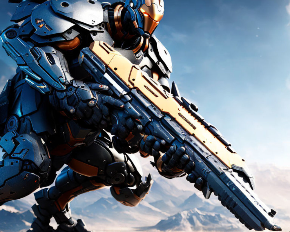 Futuristic armored robot with blue and orange details in desert mountain setting