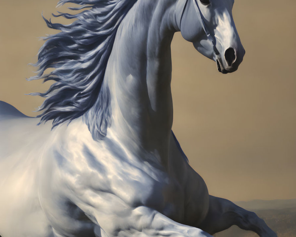 Majestic gray horse with blue-tinged mane galloping in golden setting