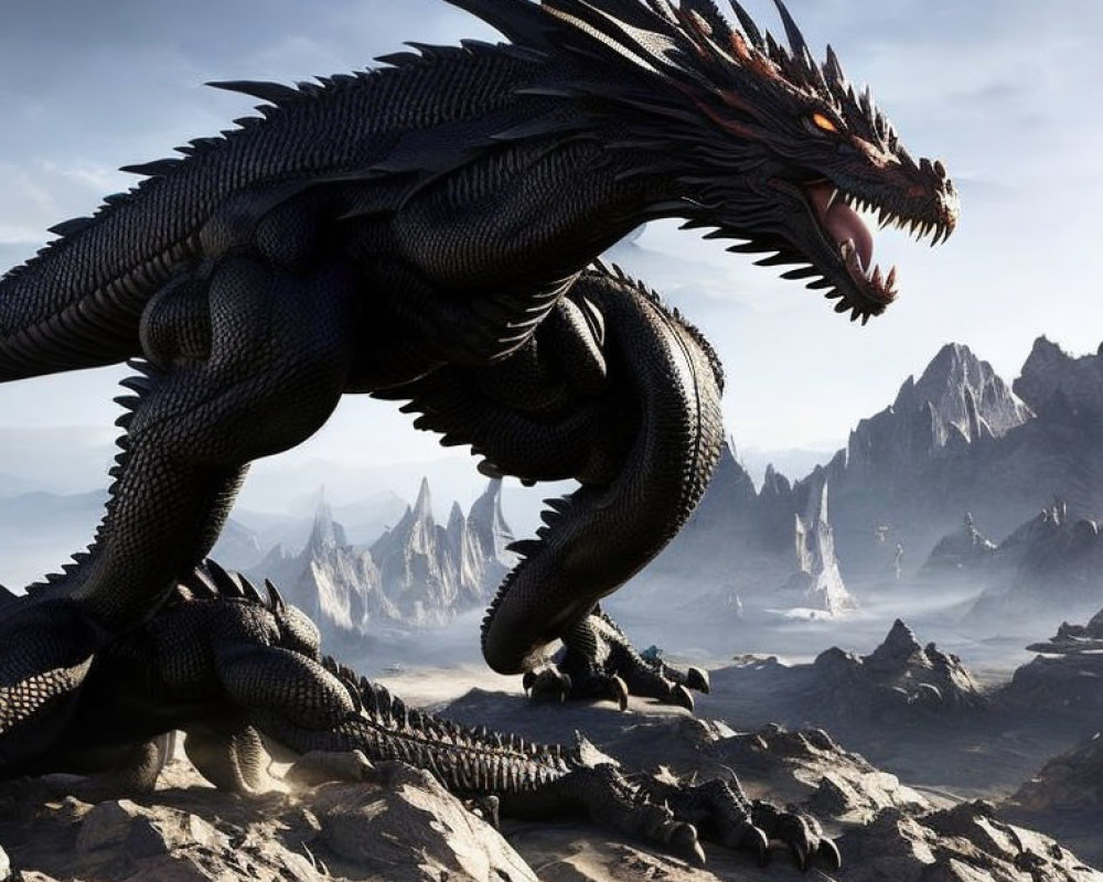 Black dragon with red eyes and sharp spikes in rocky landscape.