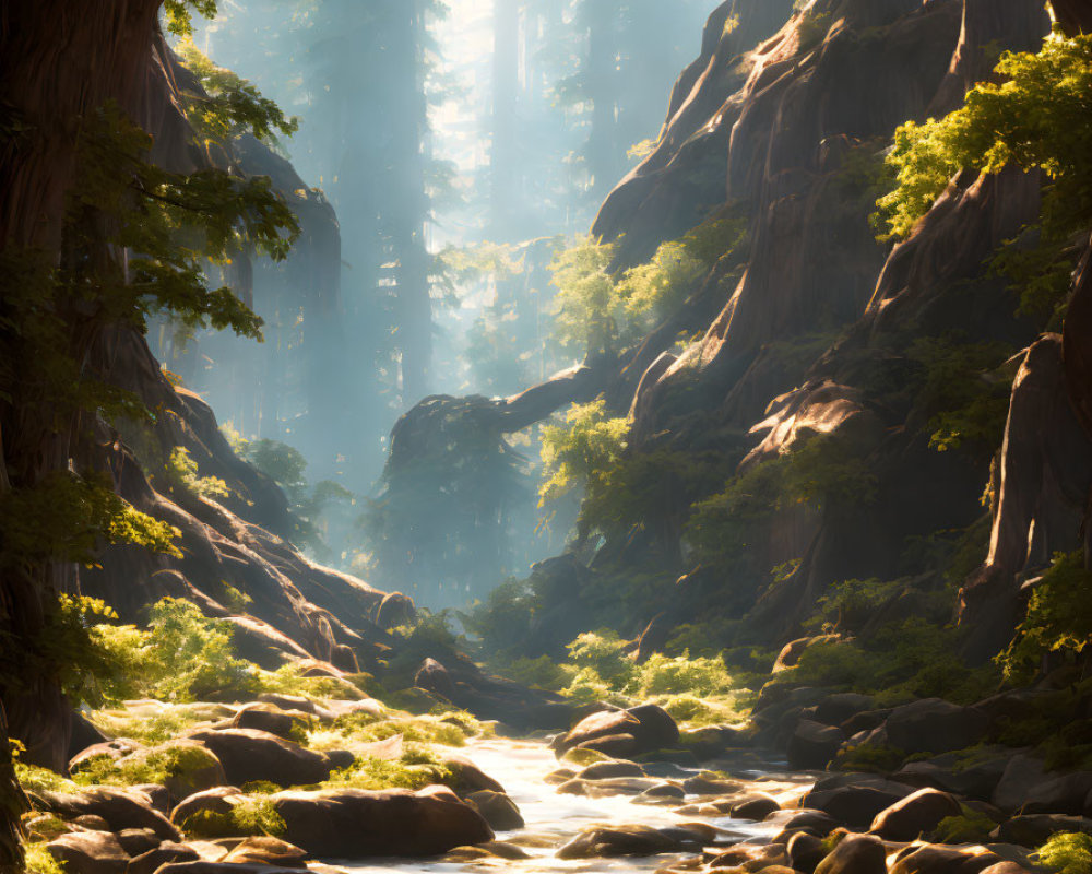 Tranquil forest scene with sunlight, river, and rocks