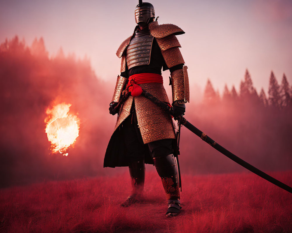 Armored knight with spear in misty field at sunset with fiery explosion