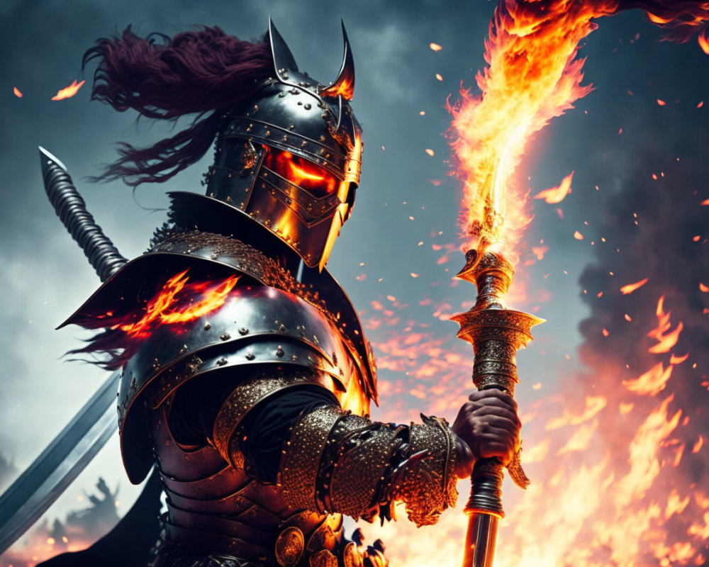 Knight in armor wielding flaming sword in fiery battle scene