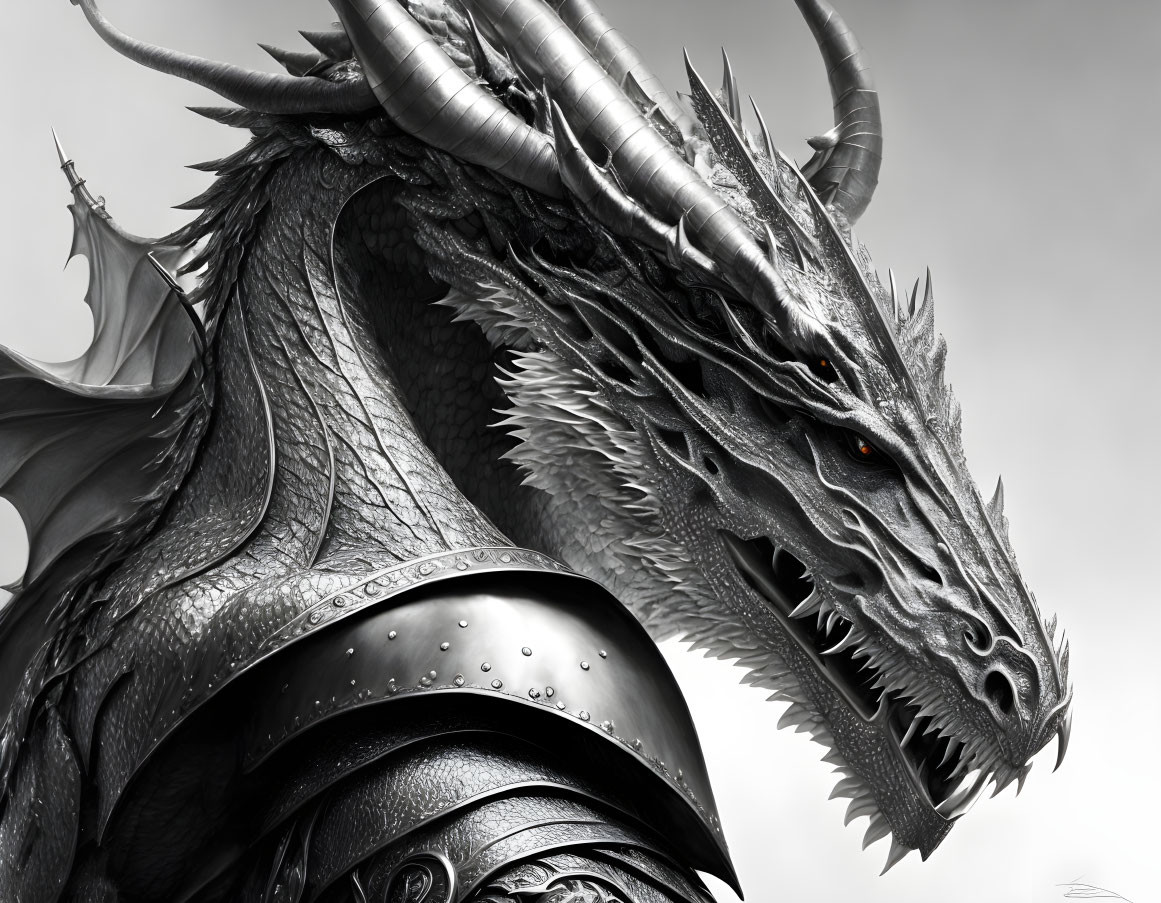 Detailed Monochromatic Dragon Illustration with Red Eyes and Armor