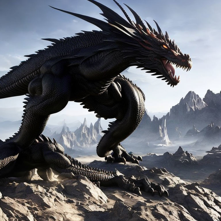 Black dragon with red eyes and sharp spikes in rocky landscape.