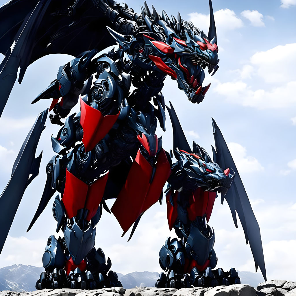 Sleek Black and Red Robotic Dragon Against Cloudy Sky