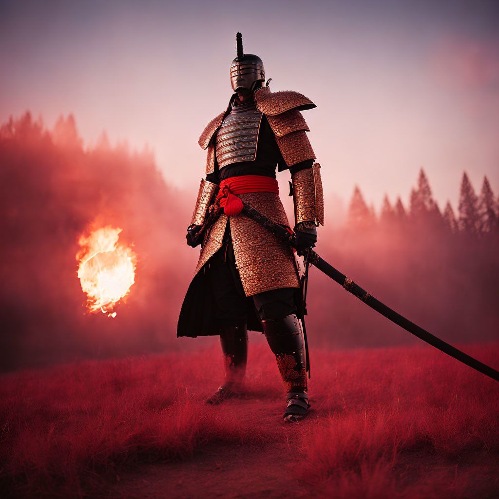 Armored knight with spear in misty field at sunset with fiery explosion