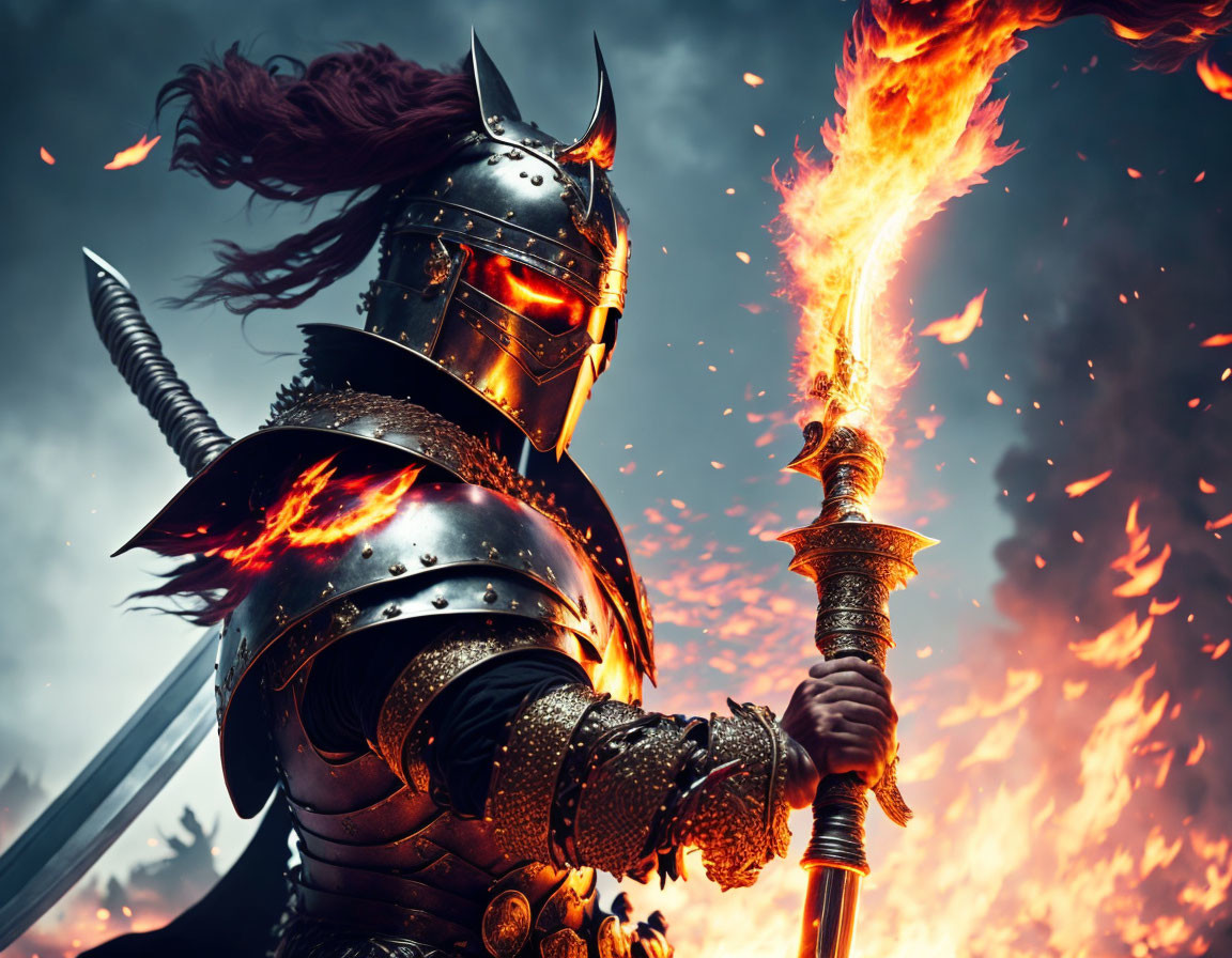 Knight in armor wielding flaming sword in fiery battle scene