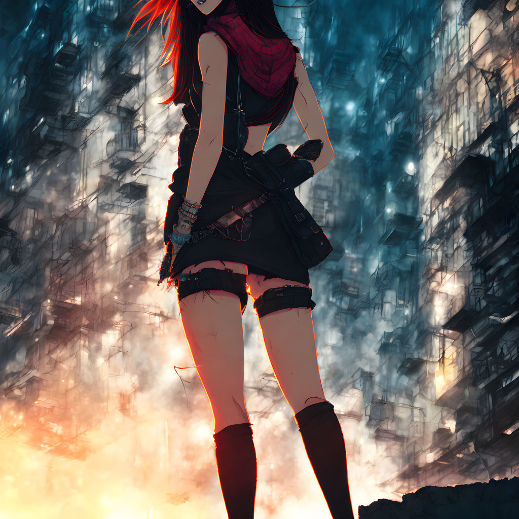 Stylized anime girl with red hair and scarf in urban setting