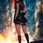 Stylized anime girl with red hair and scarf in urban setting