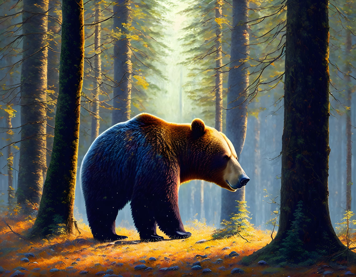 Bear in sunlit forest with tall trees and serene atmosphere