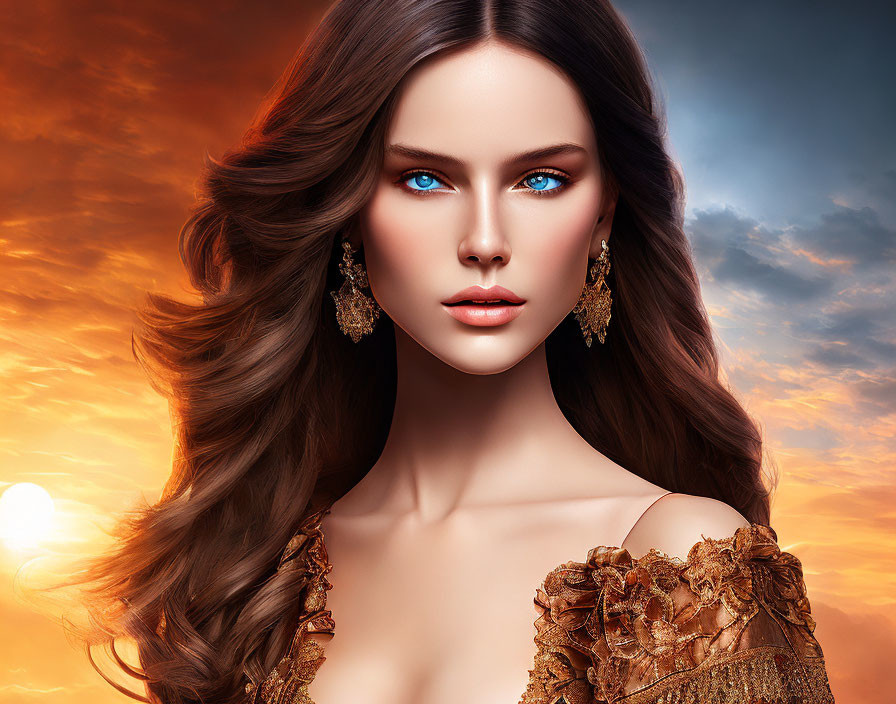 Digital Artwork: Woman with Blue Eyes, Brown Hair, and Ornate Earrings in Sunset Scene