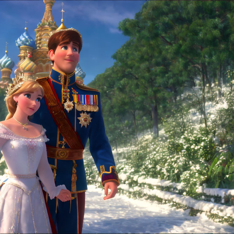 Animated princess and prince in snowy landscape with castle