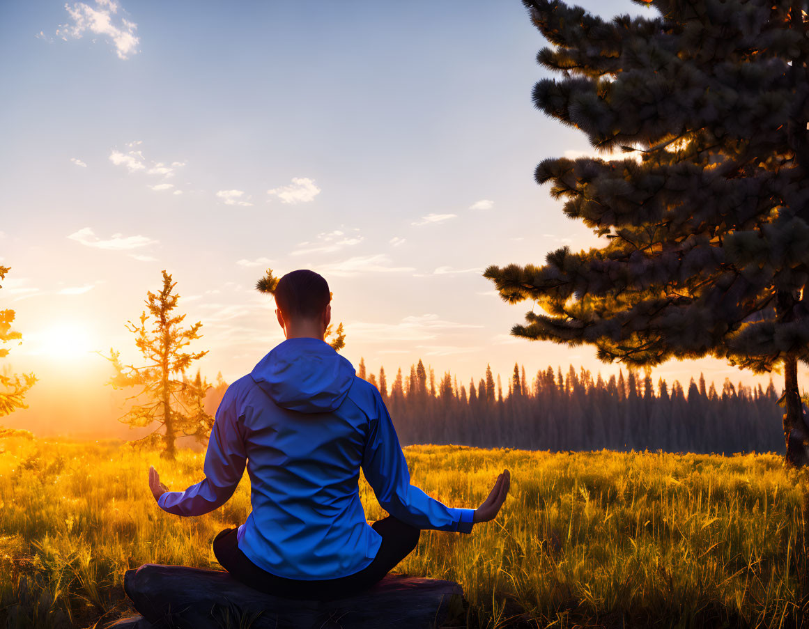 Person meditating on log at sunrise in serene forest clearing