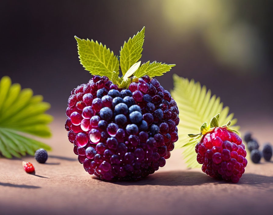 Ripe blackberries with green leaves on blurred background