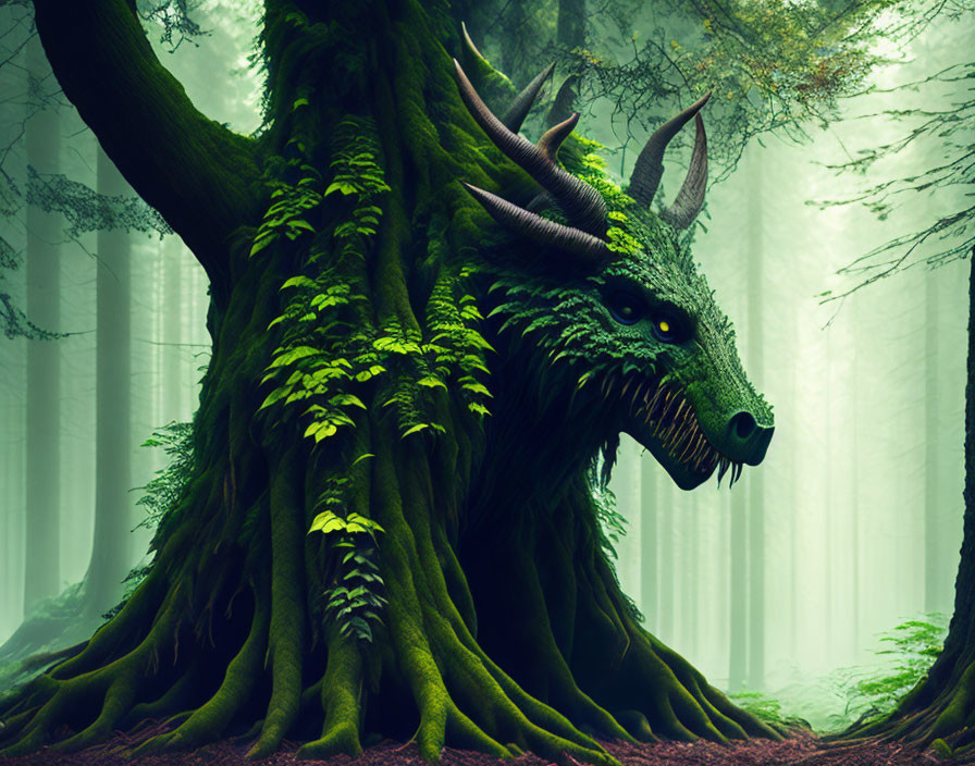 Mystical forest scene with dragon head tree in foggy setting