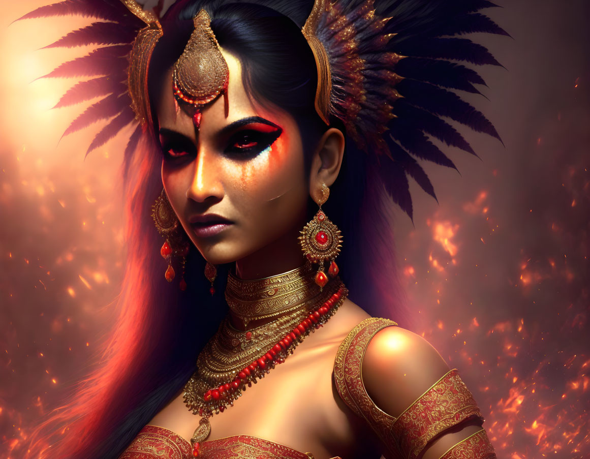 Digital Artwork: Woman with Striking Makeup and Gold Jewelry on Fiery Background