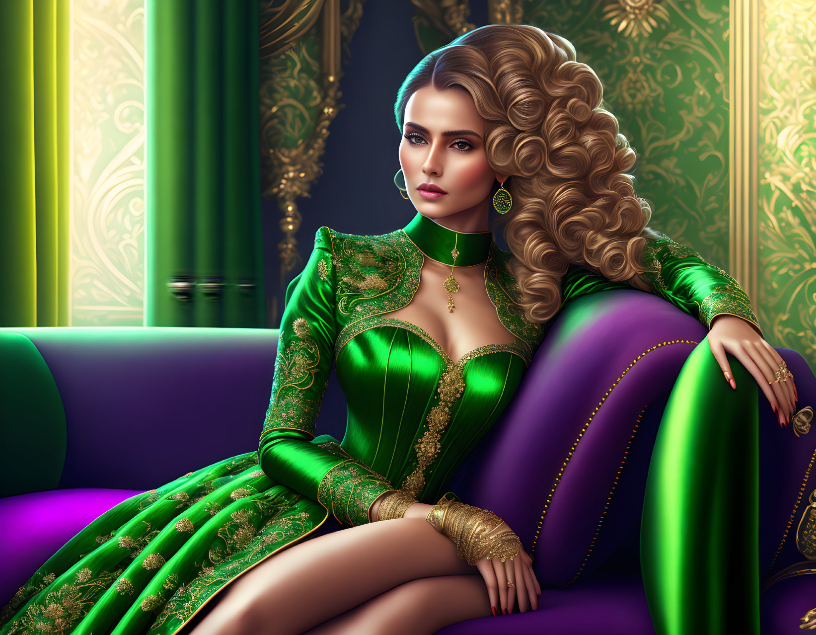 Voluminous Curly Hair Woman in Green Victorian Gown on Purple Sofa