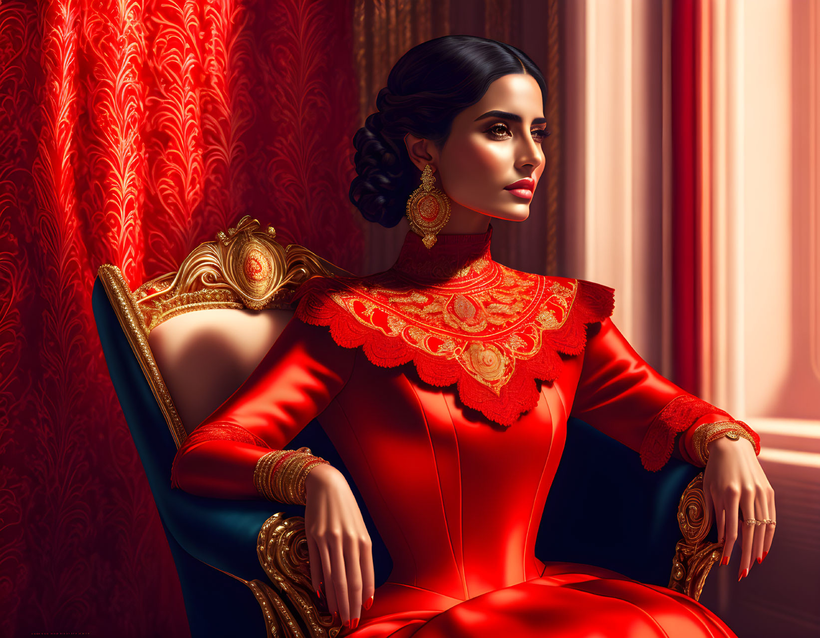 Fashionable woman in red dress and gold jewelry on gilded chair by window with red curtains, sunlight