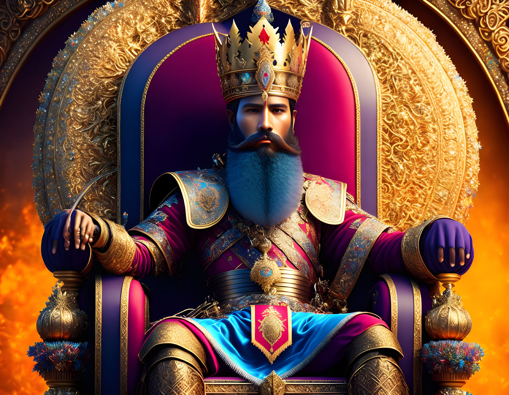 Regal king in ornate armor on golden throne