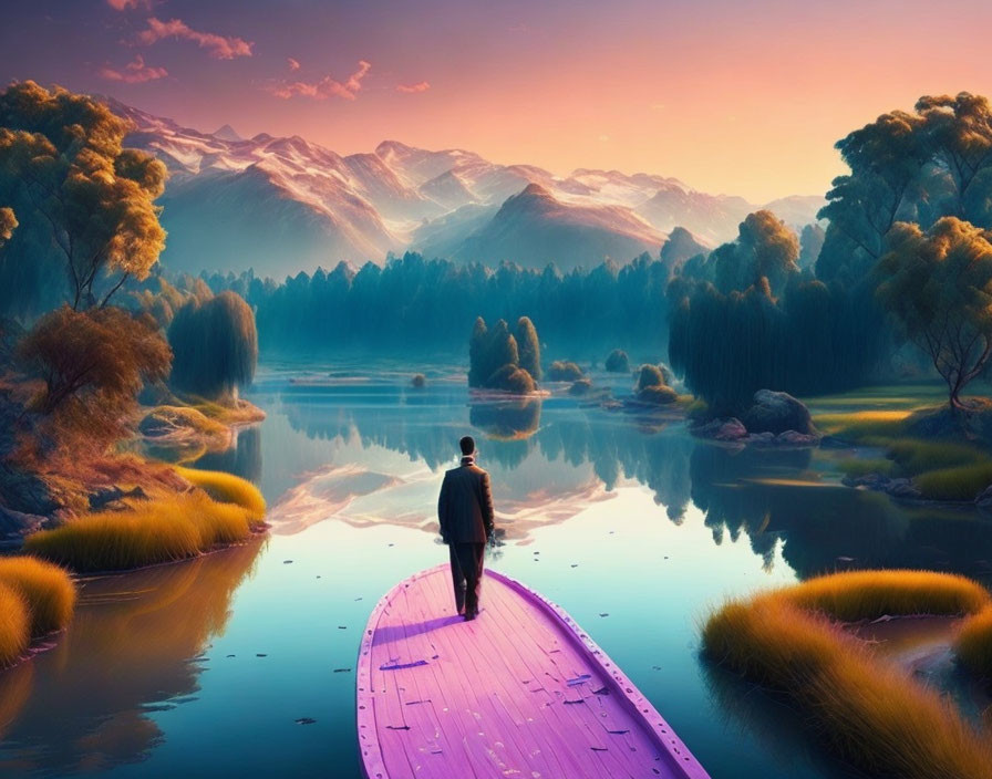 Person on Pink Pier: Serene Lake, Golden Trees, Purple Mountains