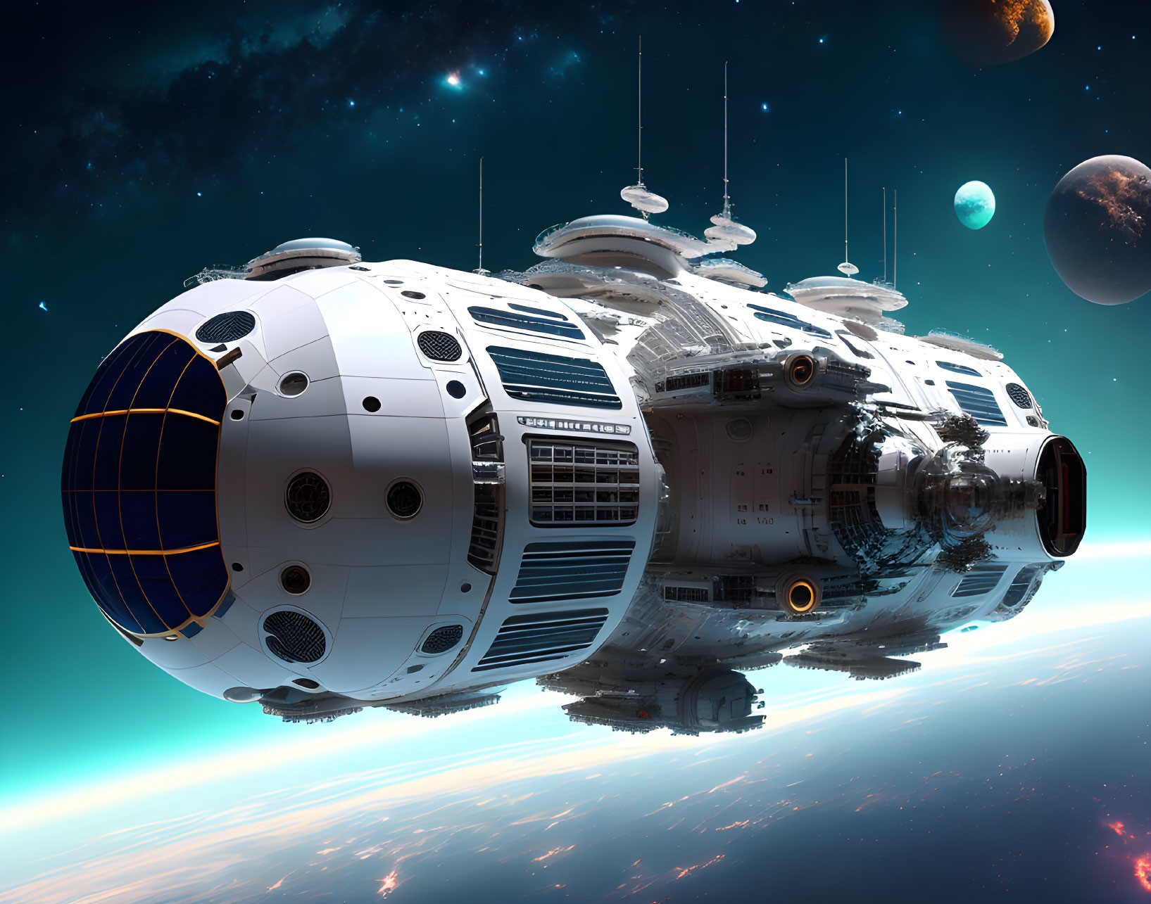 Intricate futuristic spaceship in space with planets and stars