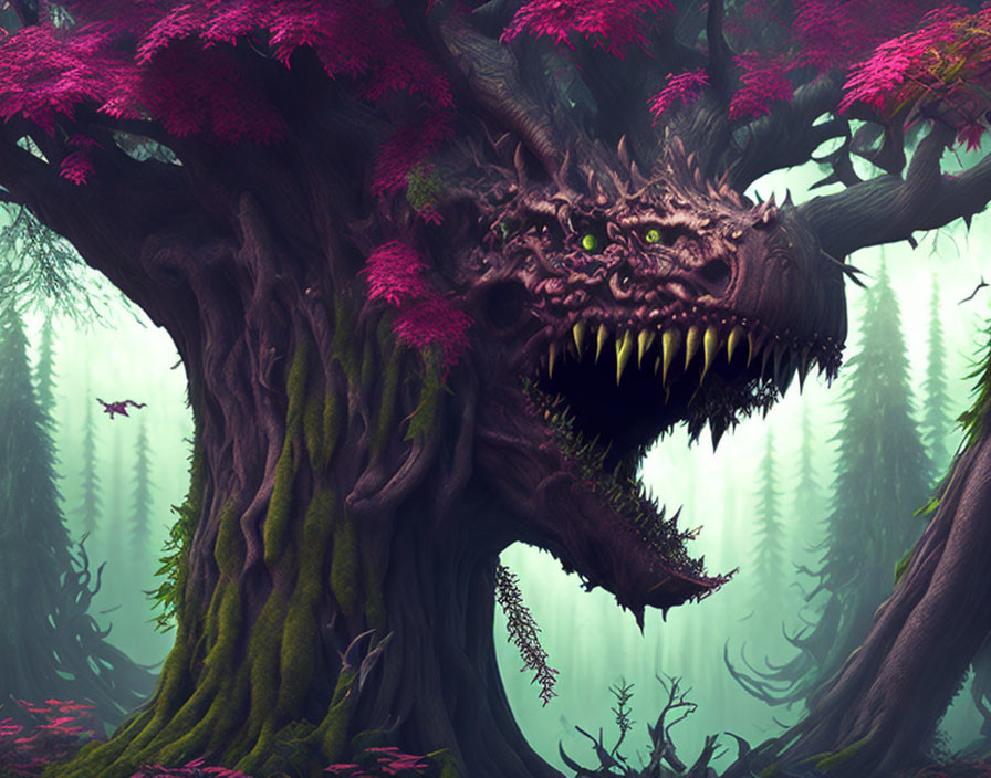 Menacing tree-like creature in fantastical forest with purple foliage