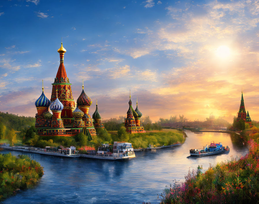 Colorful cathedral and boats on vibrant river at sunset