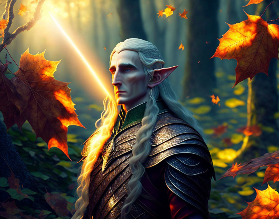 Elf in elegant armor surrounded by autumn forest and falling leaves