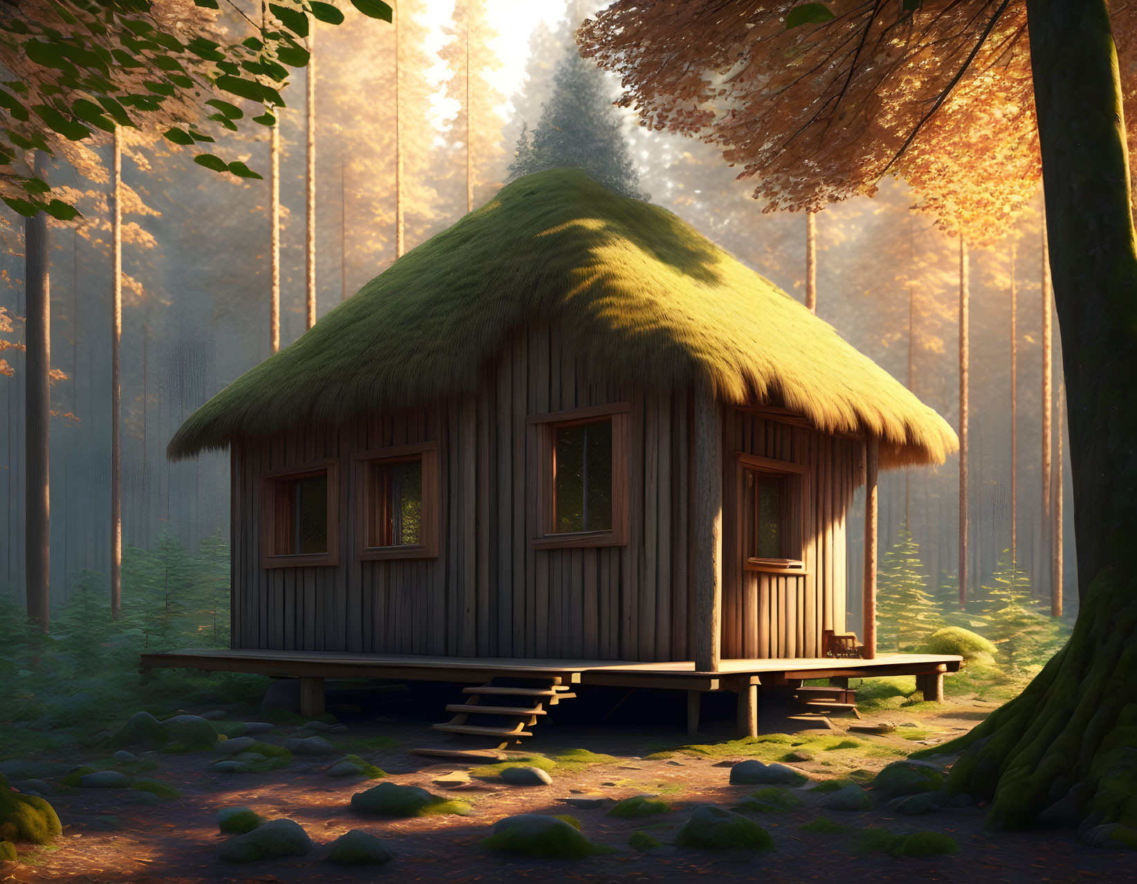 Rustic wooden hut with thatched roof in serene forest setting