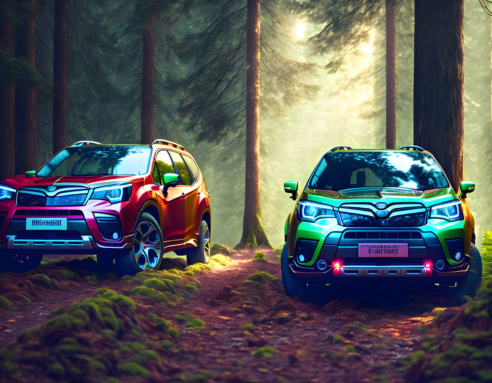 Colorful SUVs parked on forest trail with sunlight filtering through trees