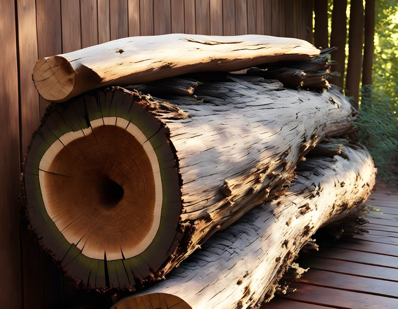 Wooden Deck Displaying Stack of Log Sections with Detailed Grain Texture